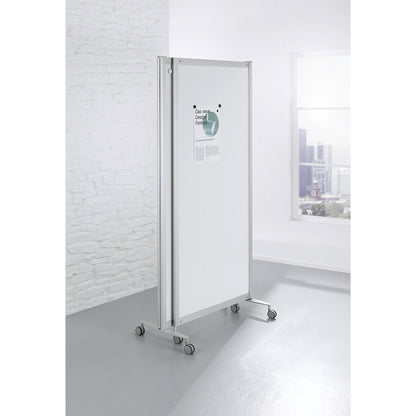 Mobile folding display panel, flame retardant, aluminium frame, magnetic board surface, HxWxD 1900 x 2800 x 450 mm, white.