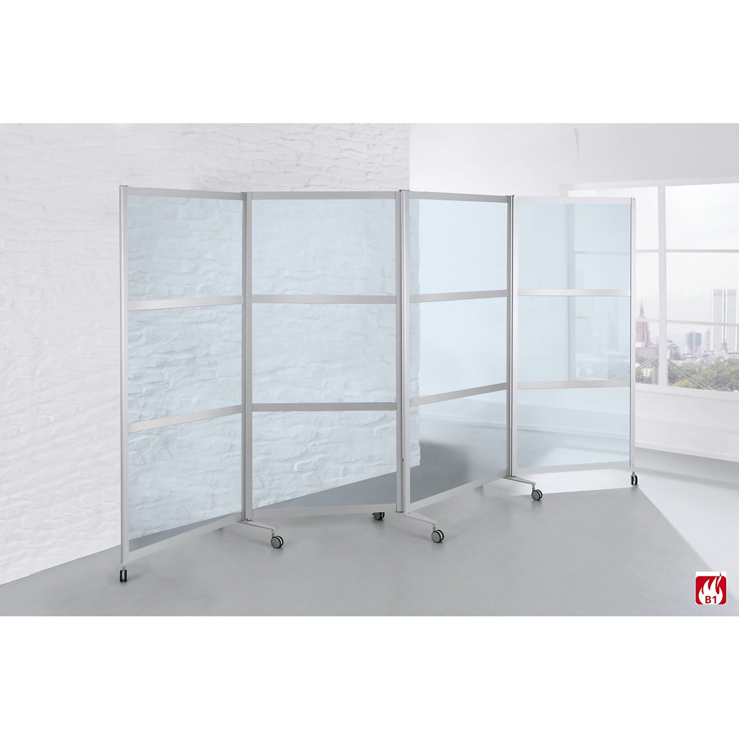 Mobile folding display panel, flame retardant, aluminium frame with single pane safety glass, HxWxD 1900 x 3700 x 450 mm, clear.