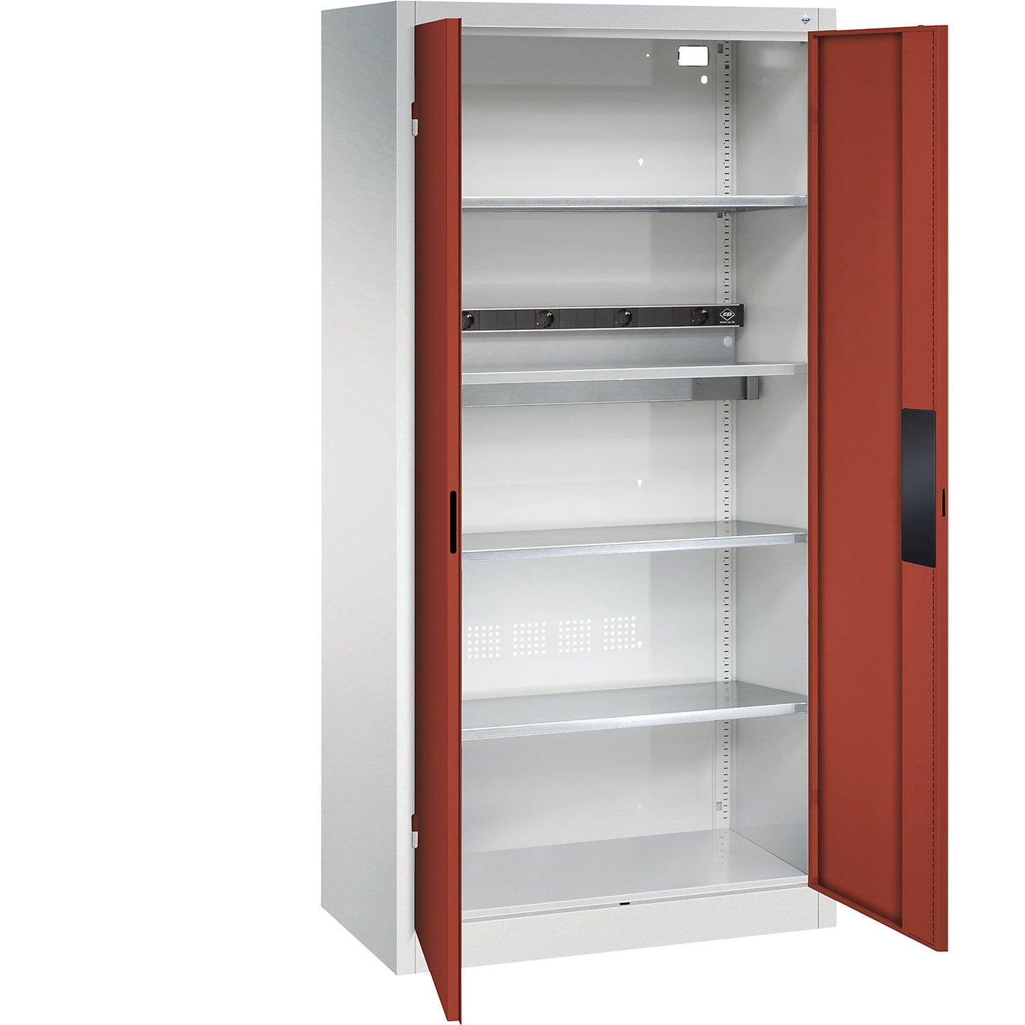 BASIC battery charging cabinet, with solid panel doors, light grey / ruby red.