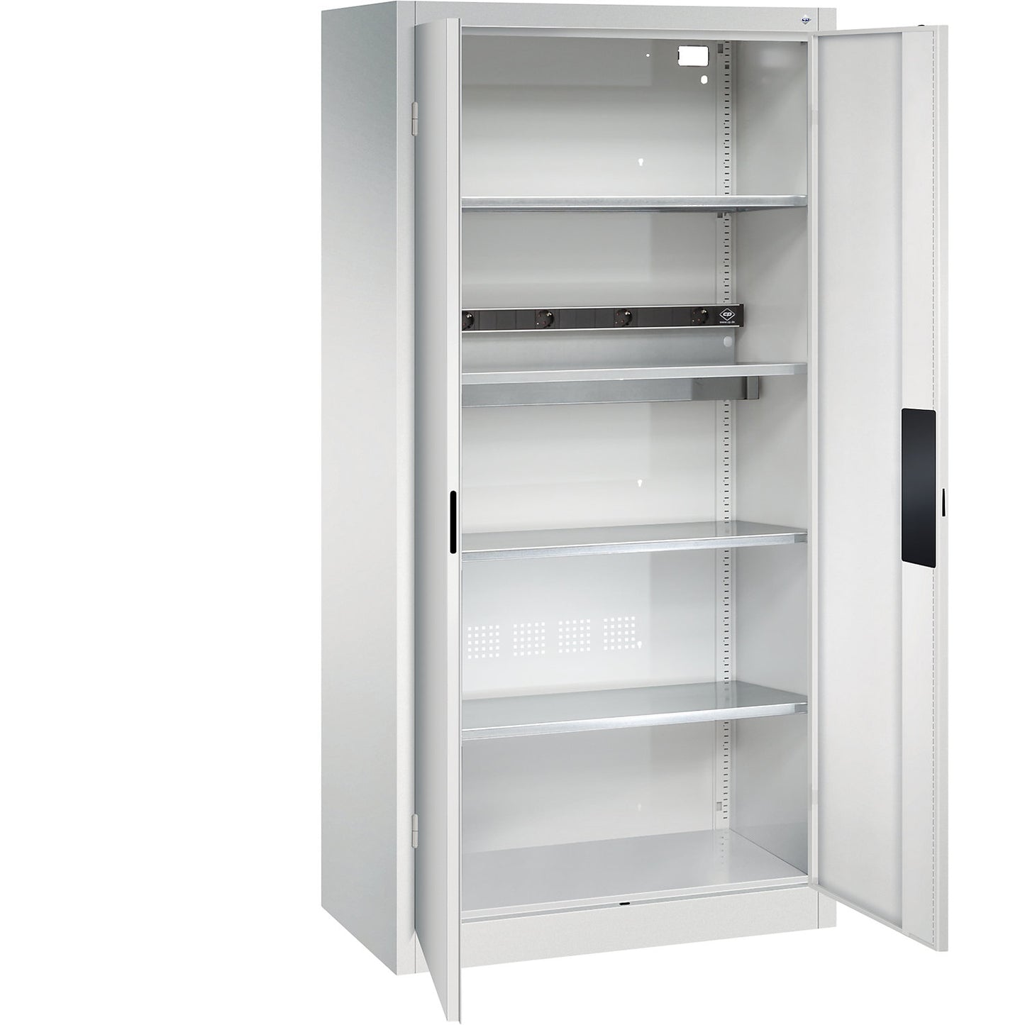 BASIC battery charging cabinet, with solid panel doors, light grey.