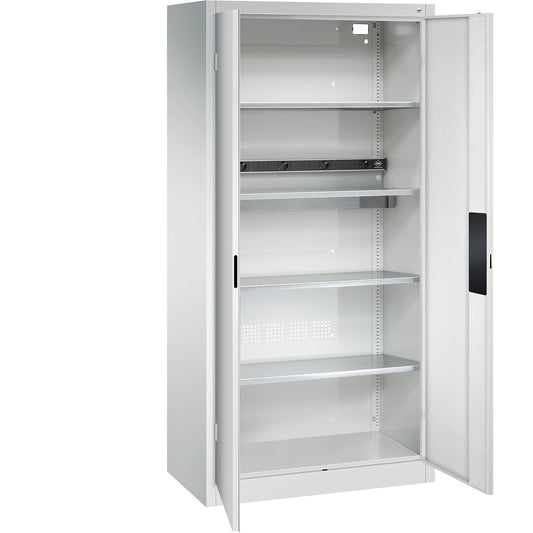 BASIC battery charging cabinet, with solid panel doors, light grey.