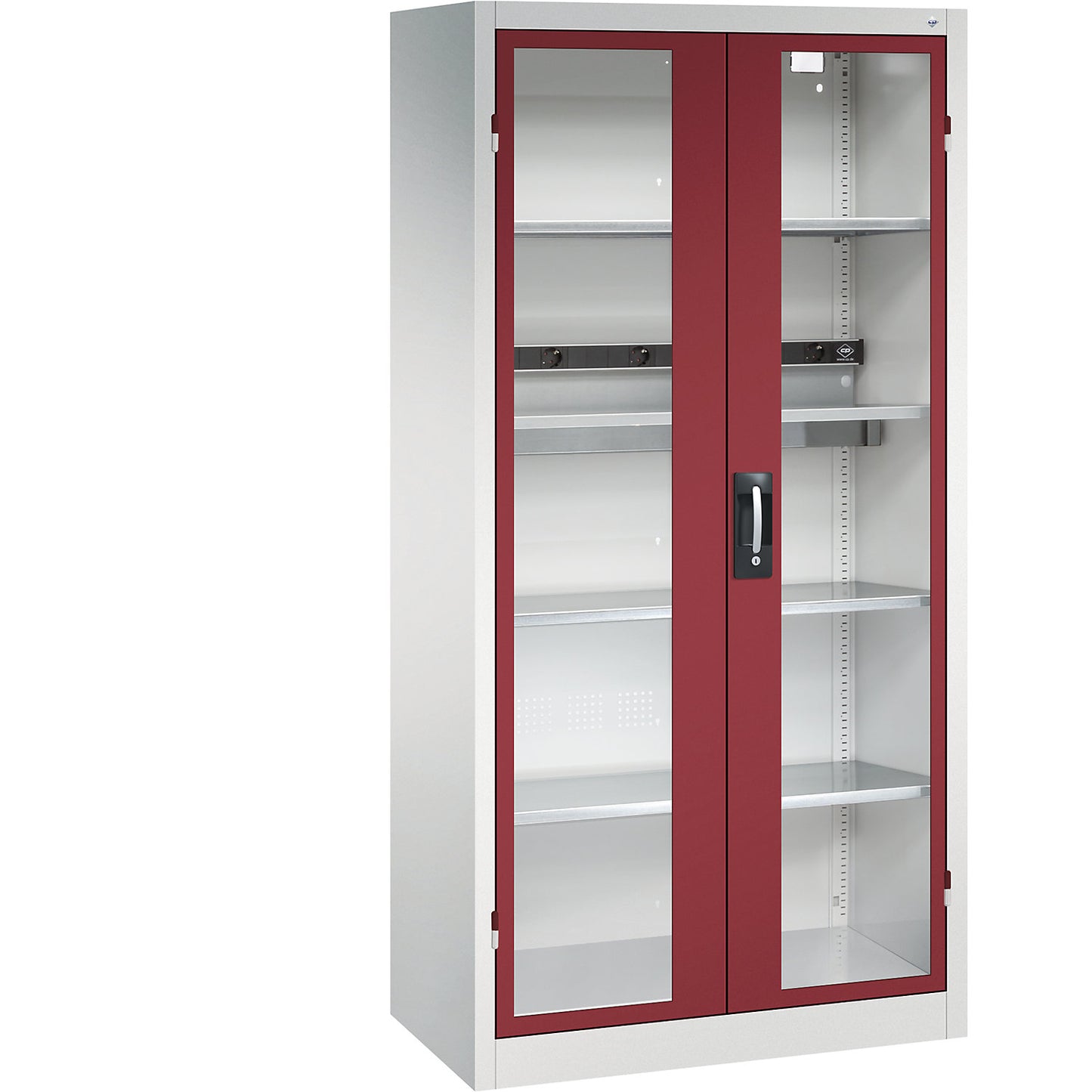 BASIC battery charging cabinet, with vision panel doors, light grey / ruby red.