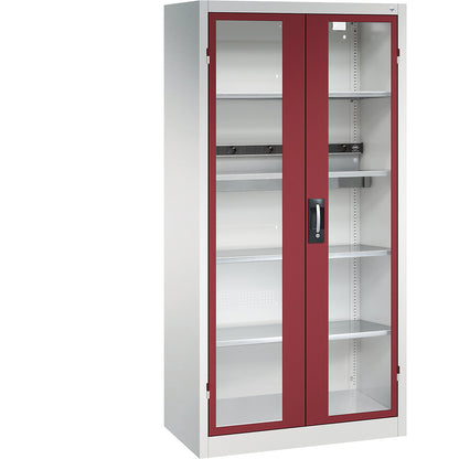 BASIC battery charging cabinet, with vision panel doors, light grey / ruby red.