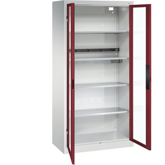BASIC battery charging cabinet, with vision panel doors, light grey / ruby red.
