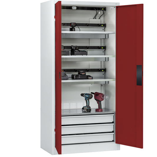 COMFORT battery charging cabinet, with solid panel doors, 3 drawers, light grey / ruby red.