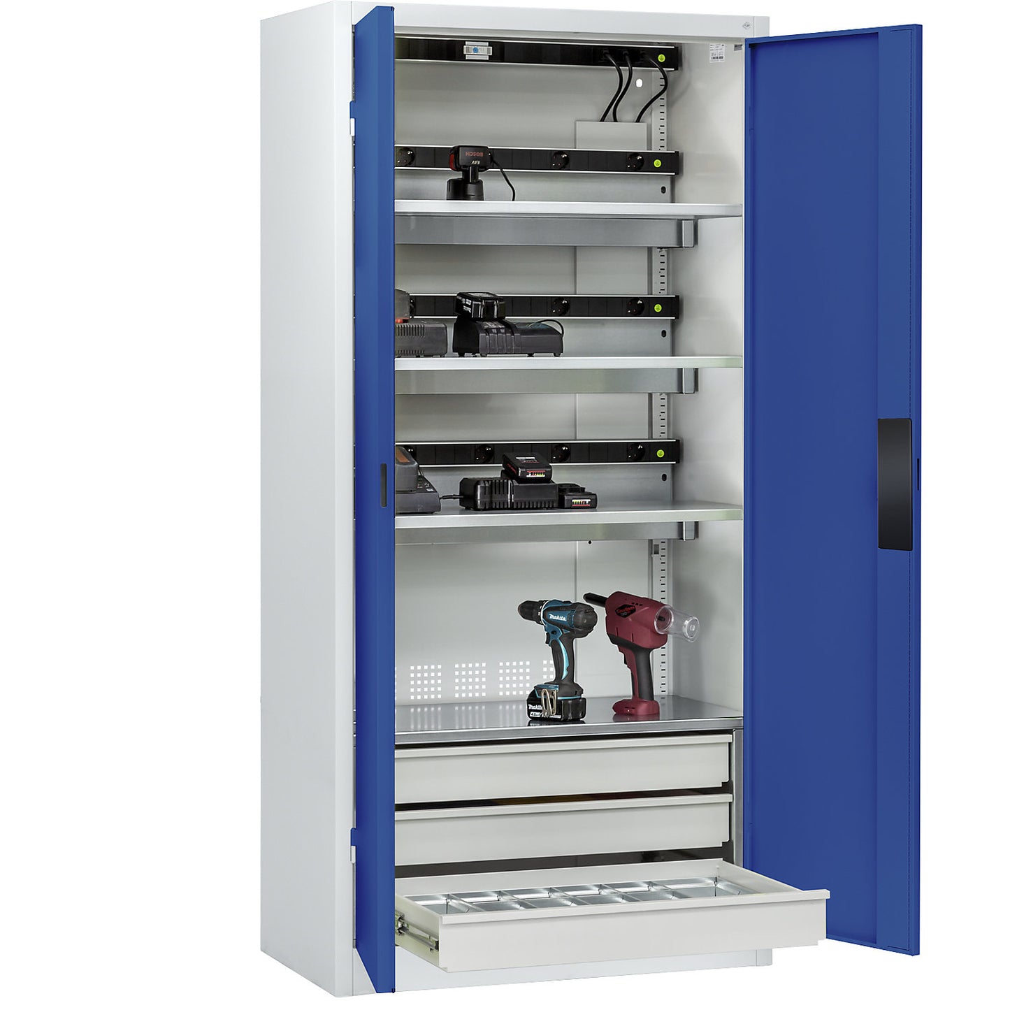 COMFORT battery charging cabinet, with solid panel doors, 3 drawers, light grey / gentian blue.