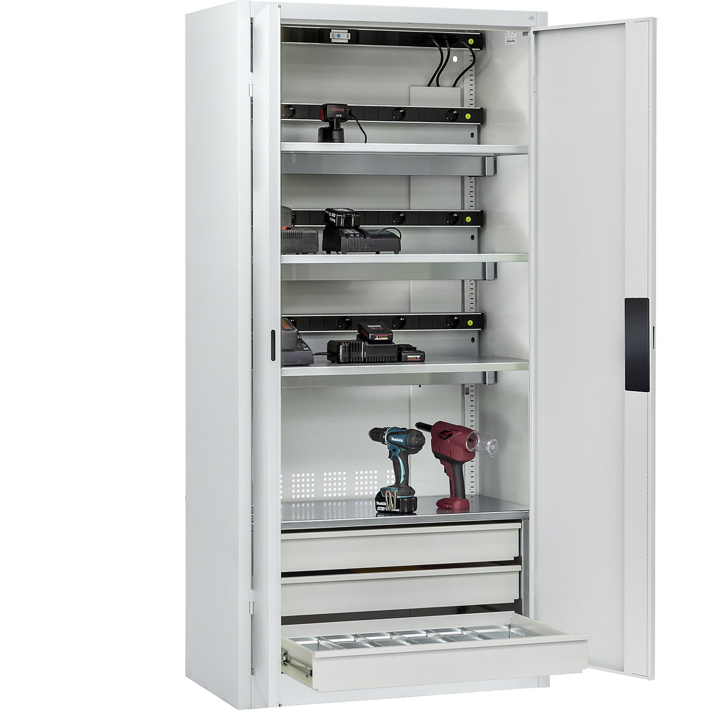 COMFORT battery charging cabinet, with solid panel doors, 3 drawers, light grey.