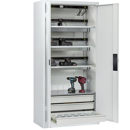 COMFORT battery charging cabinet, with solid panel doors, 3 drawers, light grey.