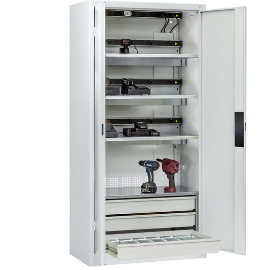 COMFORT battery charging cabinet, with solid panel doors, 3 drawers, light grey.