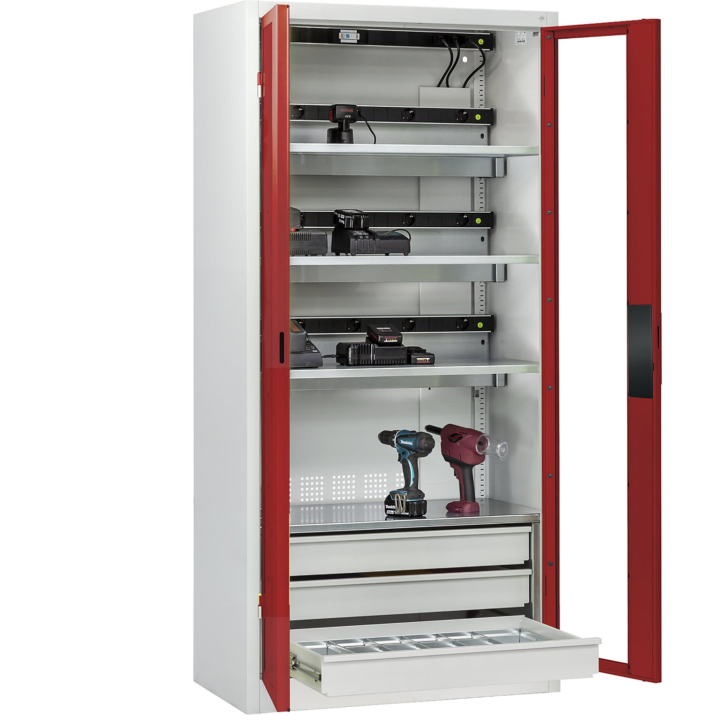 COMFORT battery charging cabinet, with vision panel doors, 3 drawers, light grey / ruby red.