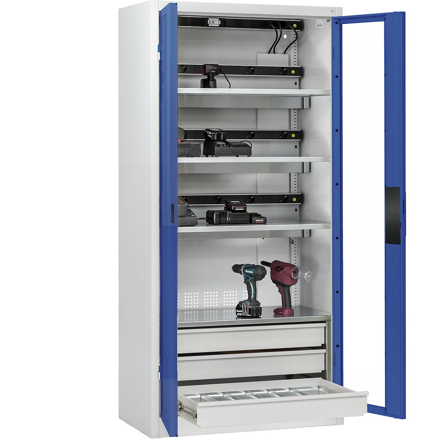 COMFORT battery charging cabinet, with vision panel doors, 3 drawers, light grey / gentian blue.