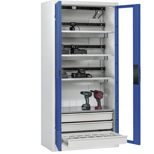 COMFORT battery charging cabinet, with vision panel doors, 3 drawers, light grey / gentian blue.