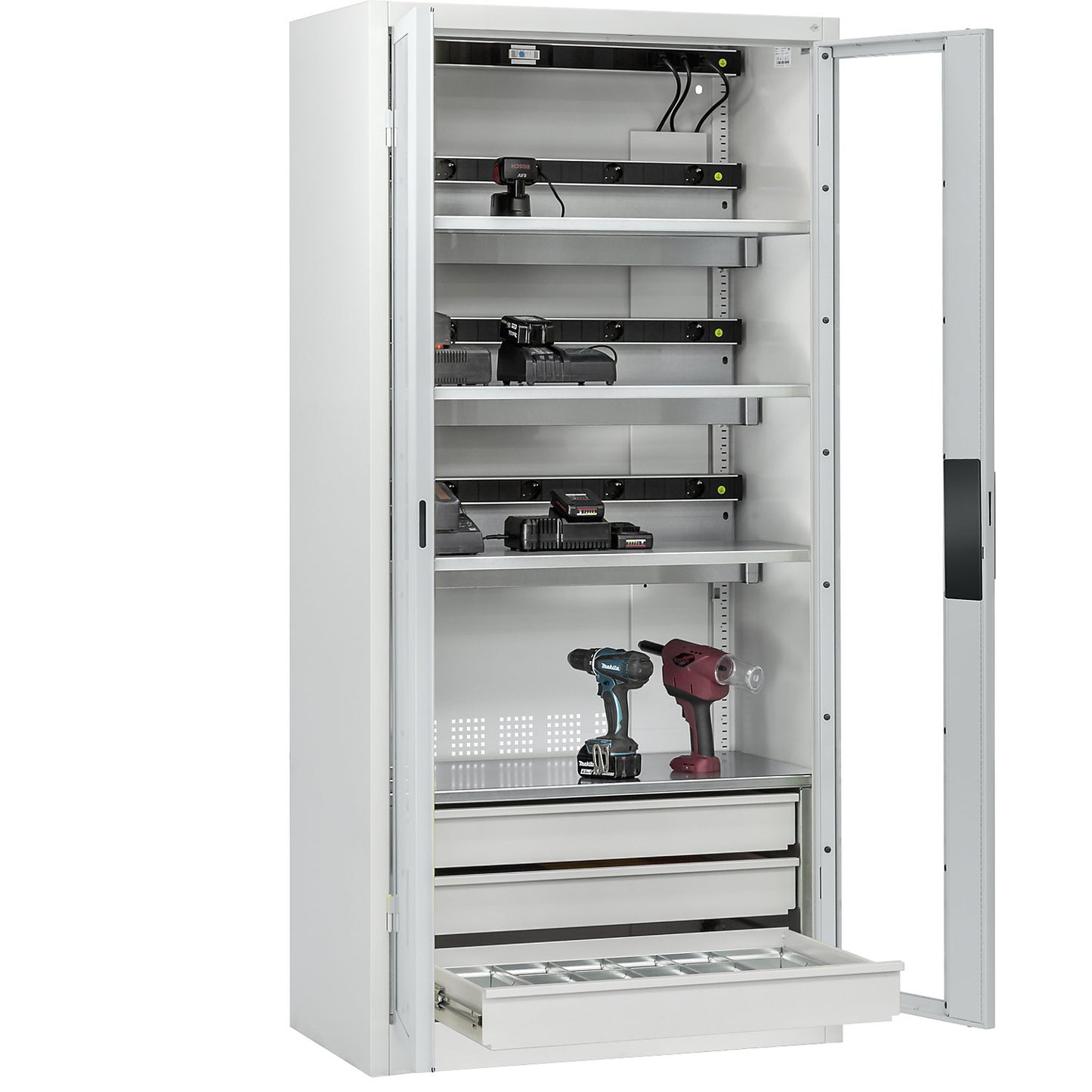 COMFORT battery charging cabinet, with vision panel doors, 3 drawers, light grey.