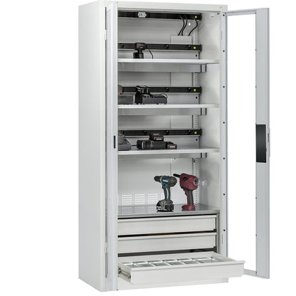 COMFORT battery charging cabinet, with vision panel doors, 3 drawers, light grey.
