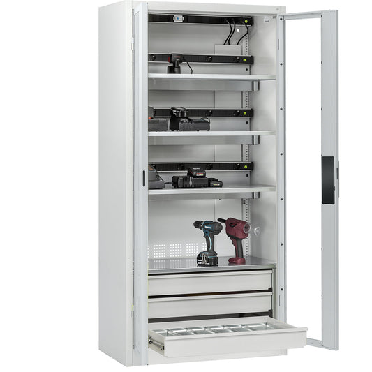 COMFORT battery charging cabinet, with vision panel doors, 3 drawers, light grey.