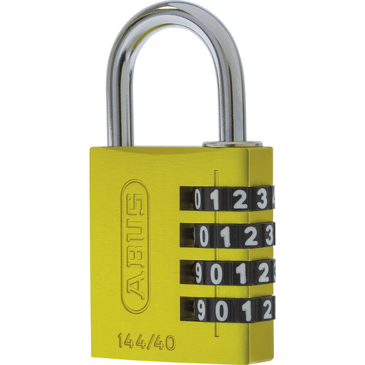 Combination lock, aluminium, with adjustable code, 144/40, pack of 6, yellow.