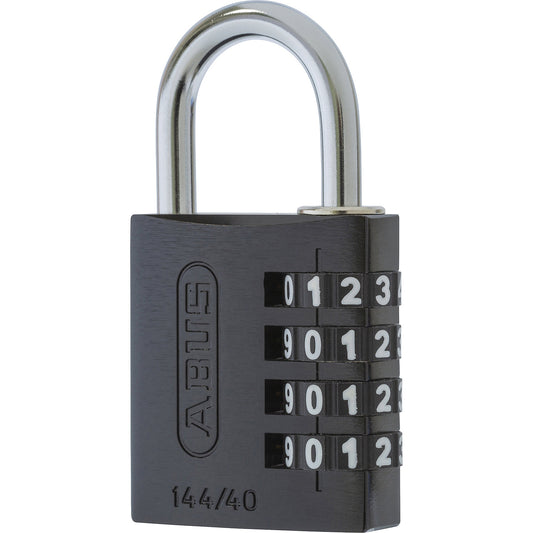 Combination lock, aluminium, with adjustable code, 144/40, pack of 6, black.