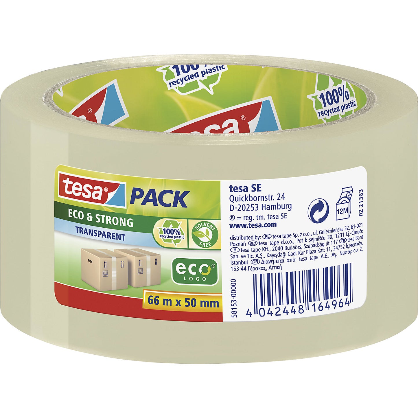 PP packing tape, tesapack® Eco & Strong, pack of 36 rolls, transparent, tape width 50 mm.