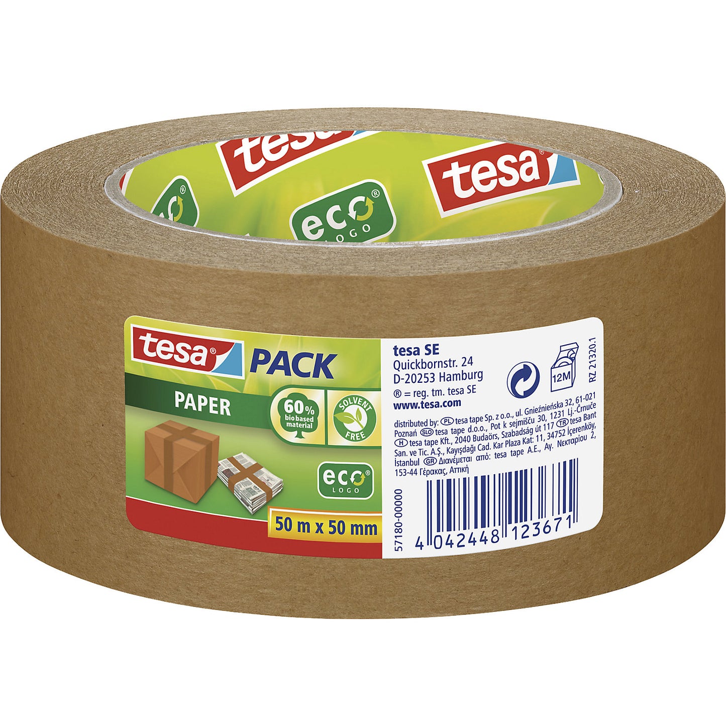 Adhesive paper tape, tesapack® ecoLogo® paper, pack of 36 rolls, brown, tape width 50 mm.