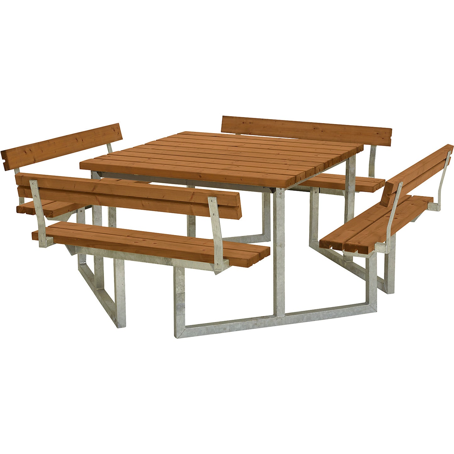 Picnic bench, for 8 people, certified softwood, teak-coloured, with backrest.