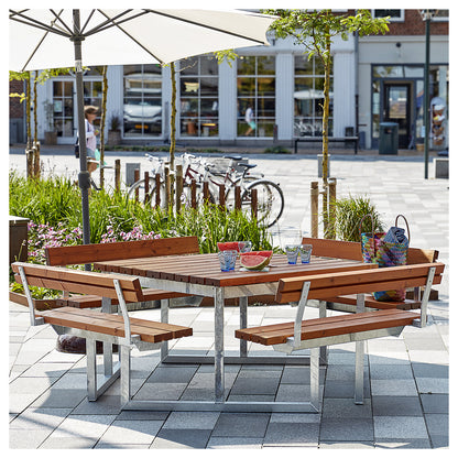 Picnic bench, for 8 people, certified softwood, teak-coloured, with backrest.