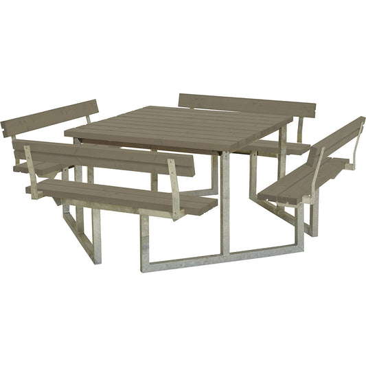 Picnic bench, for 8 people, certified pine wood, grey brown, with backrest.