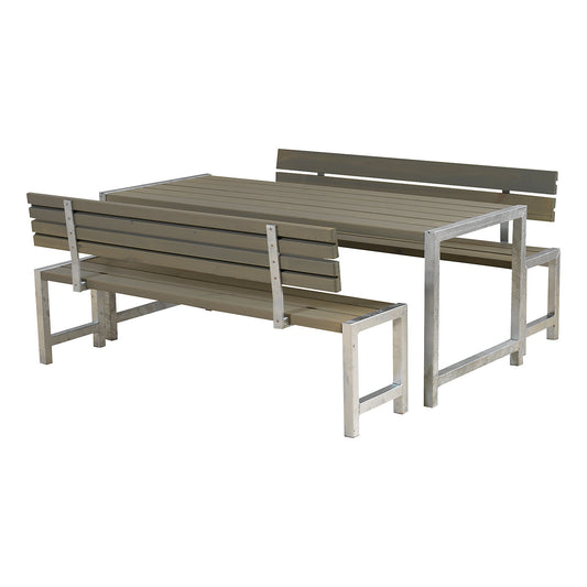 Bench set, certified pine wood, grey-brown, with back rest.