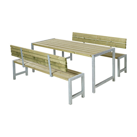 Bench set, certified pine wood, natural, with back rest.