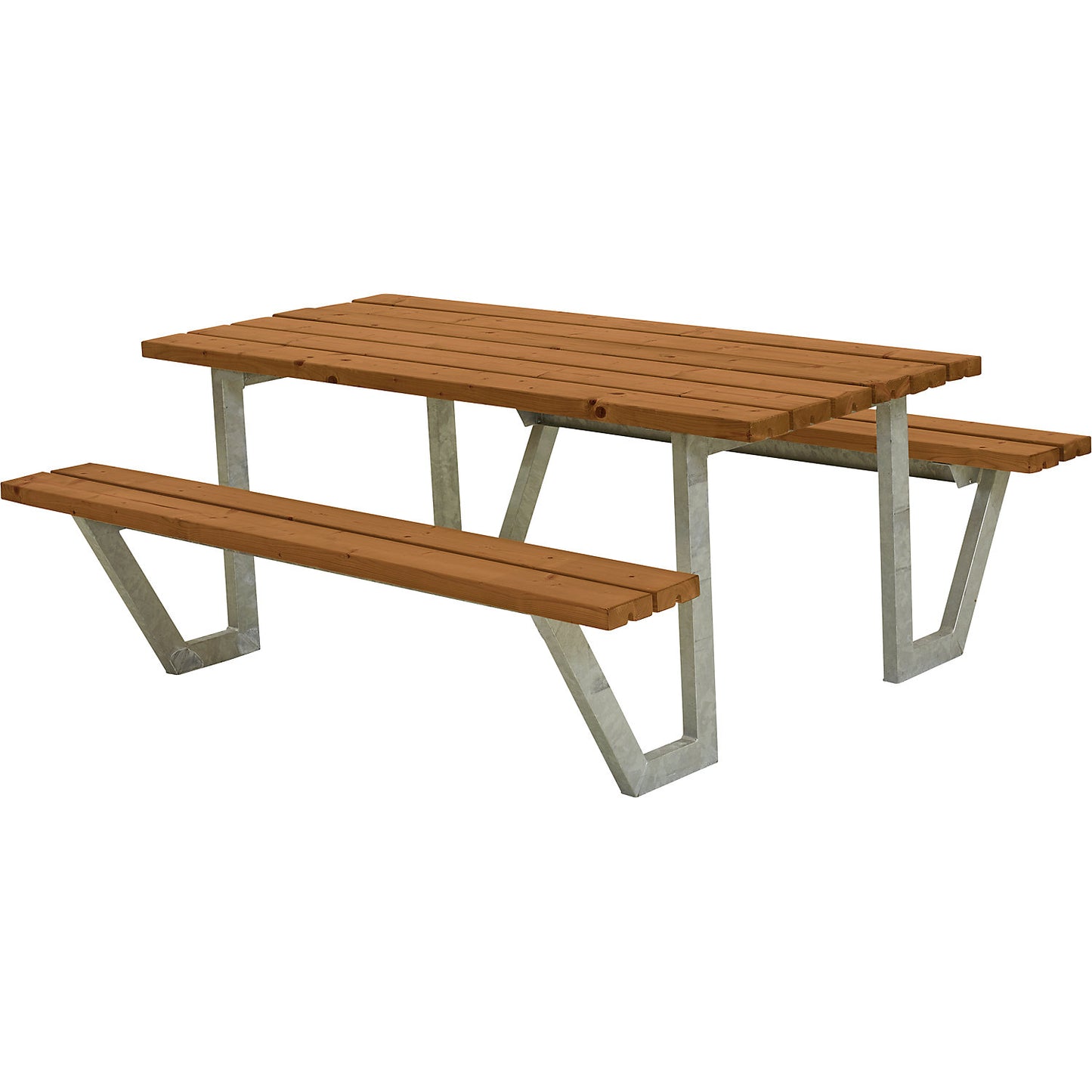 Picnic bench for 6 people, length 1770 mm, coniferous wood, teak-coloured.