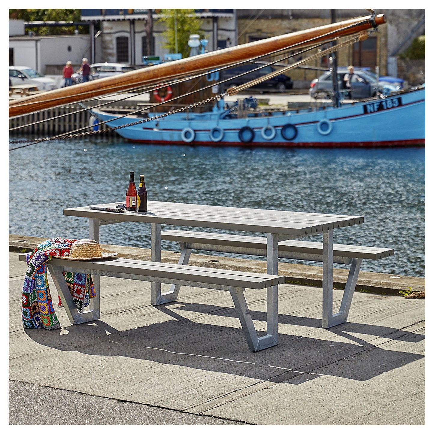 Picnic bench for 6 people, length 1770 mm, coniferous wood, grey brown.