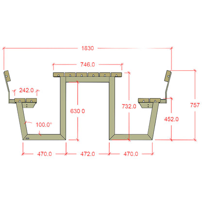 Picnic bench for 6 people, length 1770 mm, plastic, black, with backrest.