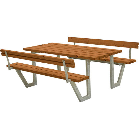 Picnic bench for 6 people, length 1770 mm, coniferous wood, teak-coloured, with backrest.