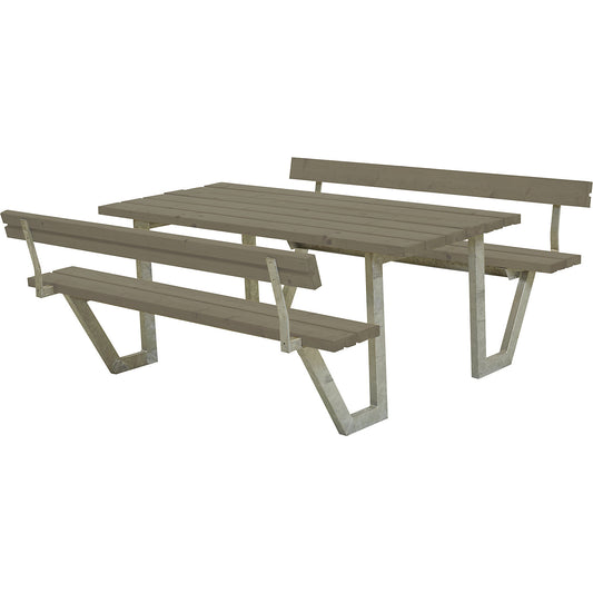 Picnic bench for 6 people, length 1770 mm, coniferous wood, grey brown, with backrest.