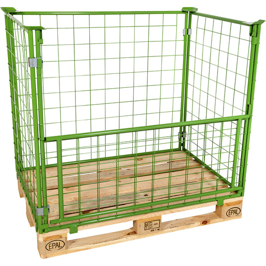 Mesh pallet collar, long side half folding, for stacking, for pallets 1200 x 800, H 1000 mm, green.