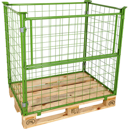 Mesh pallet collar, long side half folding, for stacking, for pallets 1200 x 800, H 1600 mm, green.