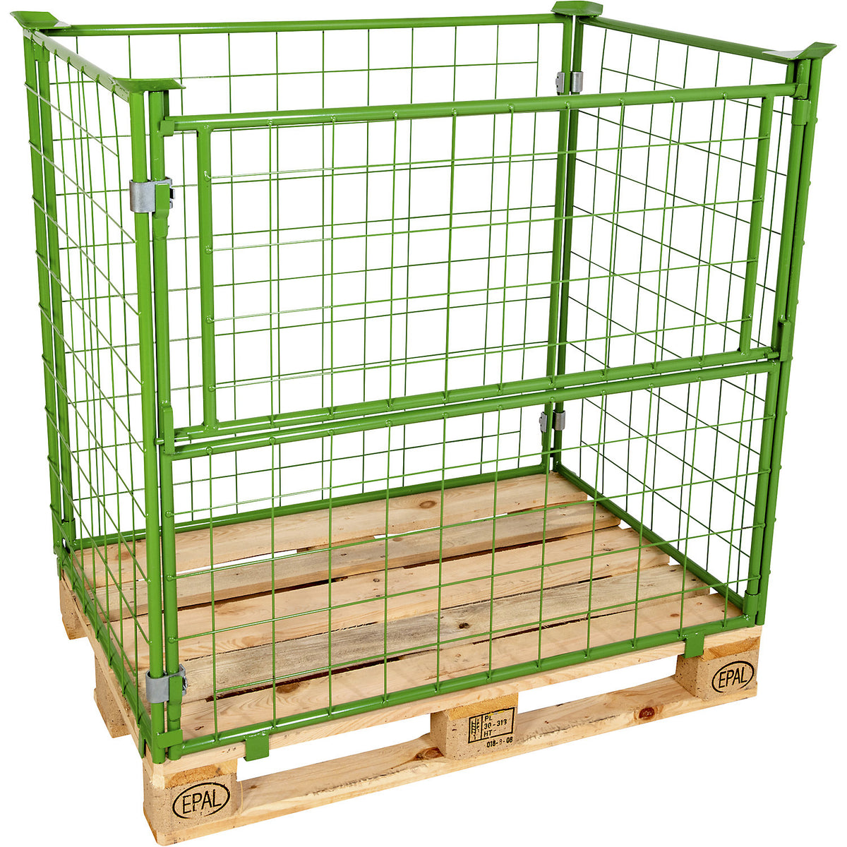 Mesh pallet collar, long side half folding, for stacking, for pallets 1200 x 800, H 1600 mm, green.