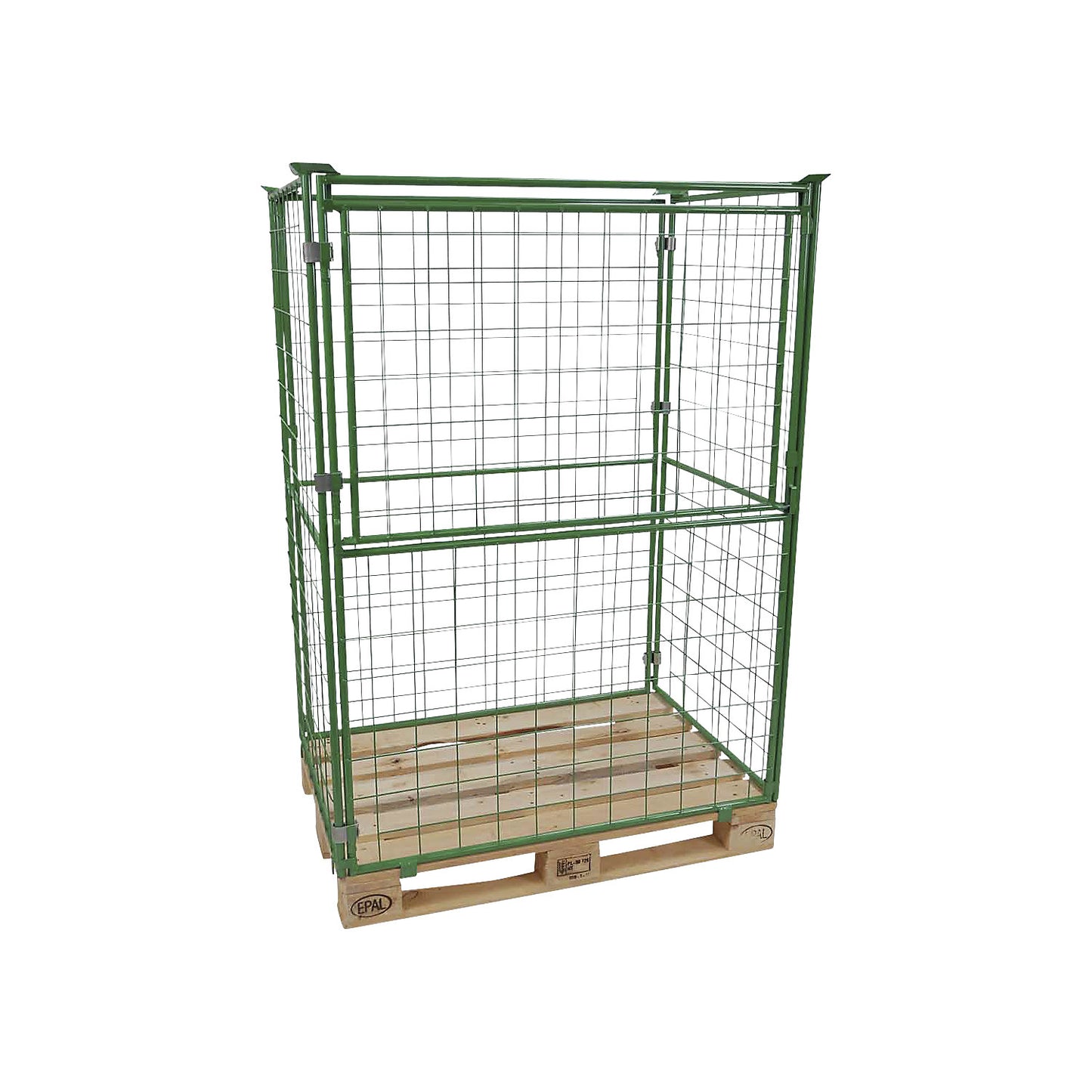 Mesh pallet collar, long side half folding, for stacking, for pallets 1200 x 800, H 1600 mm, green.
