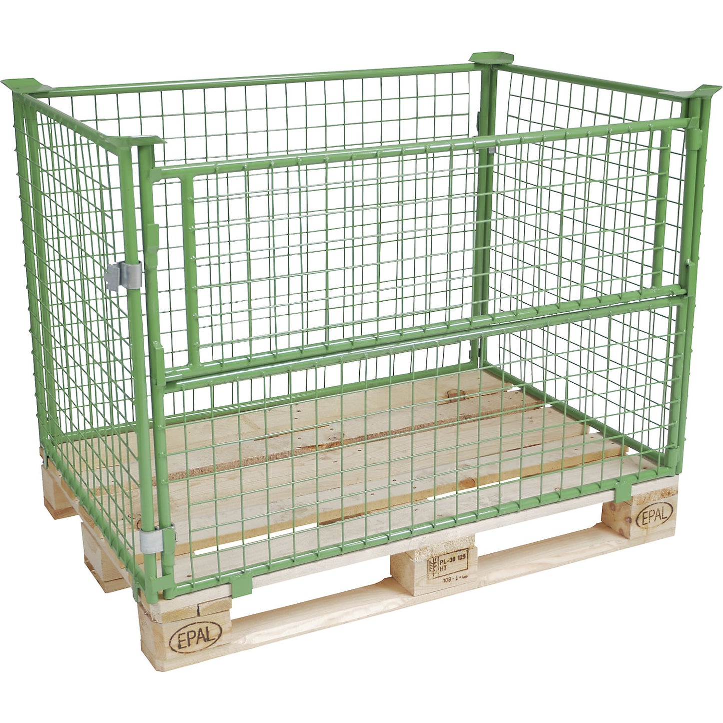 Mesh pallet collar, long side half folding, for stacking, for pallets 1200 x 800, H 800 mm, mesh 50 x 50 mm, green.