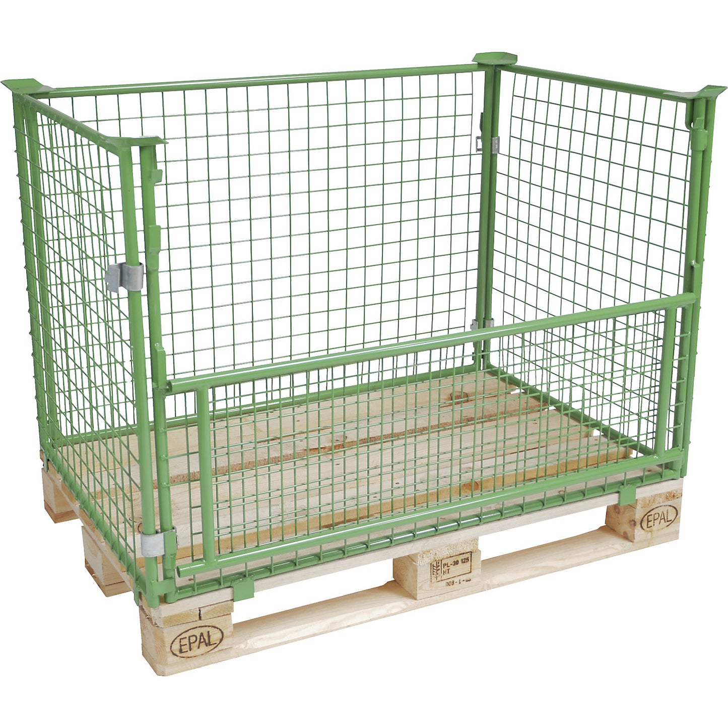 Mesh pallet collar, long side half folding, for stacking, for pallets 1200 x 800, H 800 mm, mesh 50 x 50 mm, green.