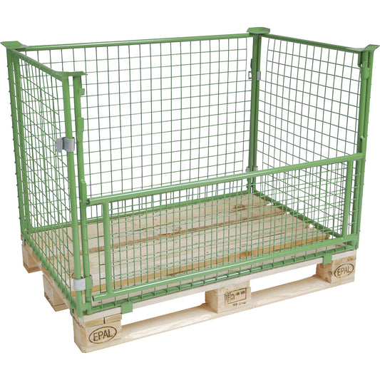Mesh pallet collar, long side half folding, for stacking, for pallets 1200 x 800, H 800 mm, mesh 50 x 50 mm, green.