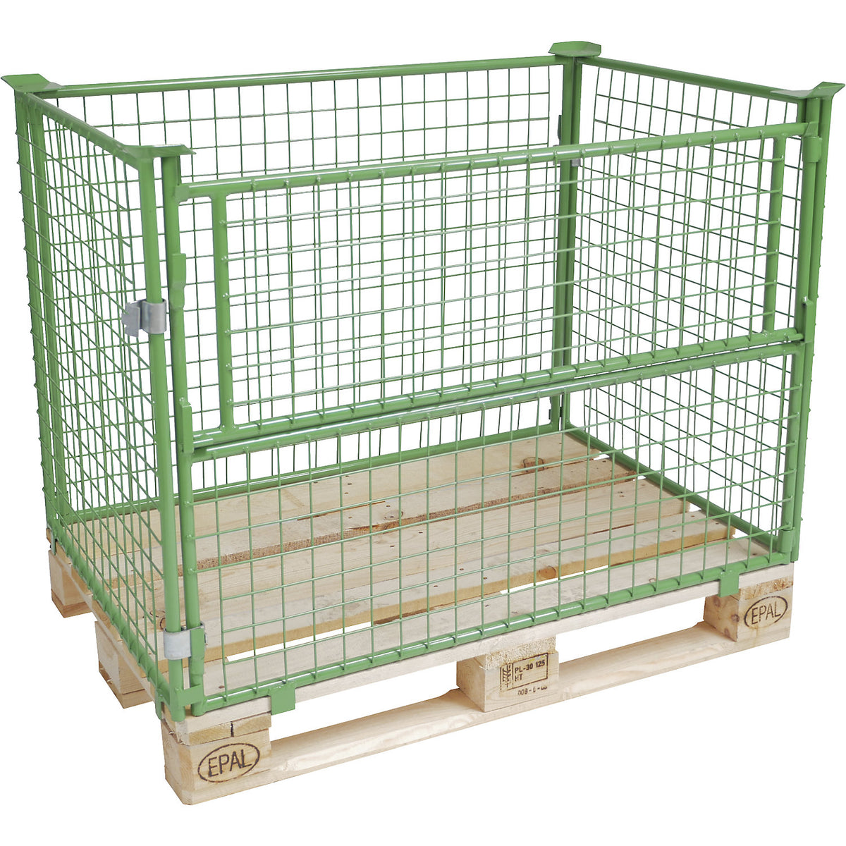 Mesh pallet collar, long side half folding, for stacking, for pallets 1200 x 800, H 1000 mm, mesh 50 x 50 mm, green.