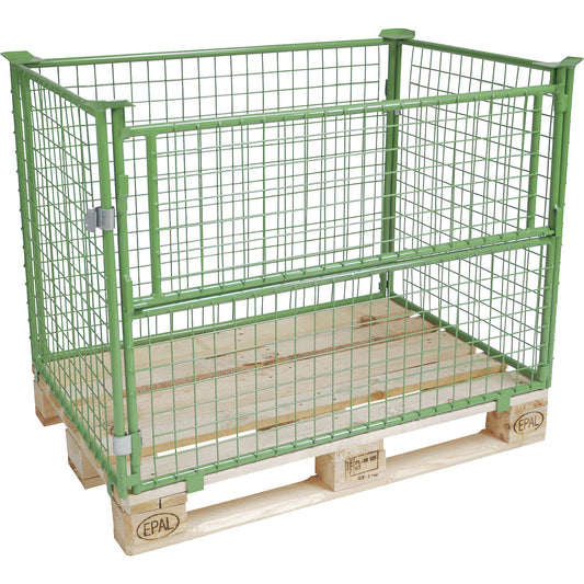Mesh pallet collar, long side half folding, for stacking, for pallets 1200 x 800, H 1000 mm, mesh 50 x 50 mm, green.