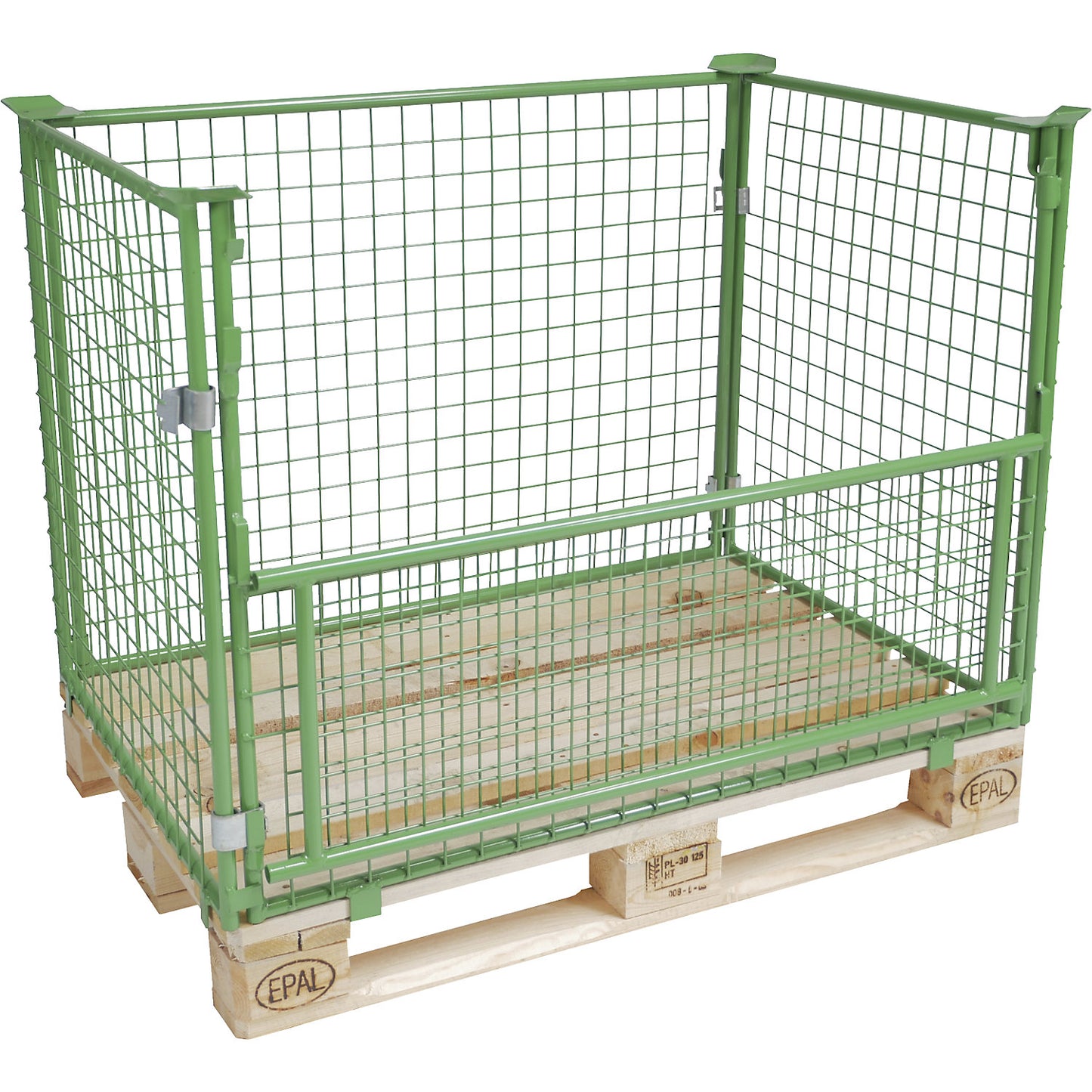 Mesh pallet collar, long side half folding, for stacking, for pallets 1200 x 800, H 1000 mm, mesh 50 x 50 mm, green.