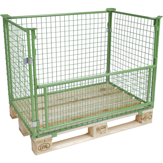 Mesh pallet collar, long side half folding, for stacking, for pallets 1200 x 800, H 1000 mm, mesh 50 x 50 mm, green.