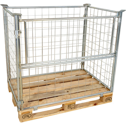 Mesh pallet collar, long side half folding, for stacking, for pallets 1200 x 800, H 1200 mm, zinc plated.