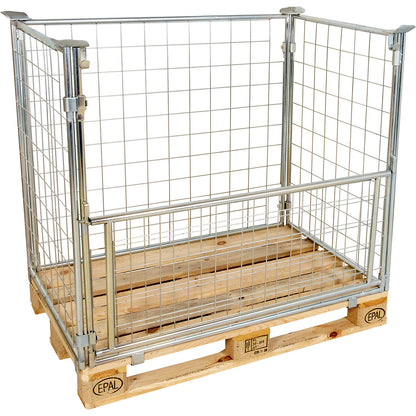 Mesh pallet collar, long side half folding, for stacking, for pallets 1200 x 800, H 800 mm, zinc plated.