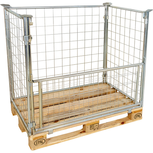 Mesh pallet collar, long side half folding, for stacking, for pallets 1200 x 800, H 800 mm, zinc plated.