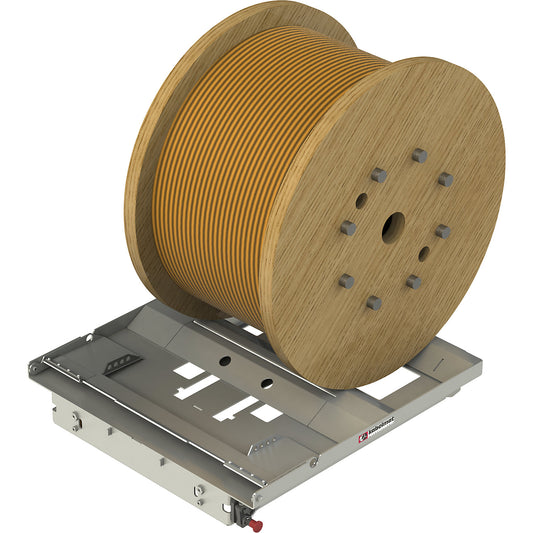 Cable drum loading platform, for stacker, with bolt locking mechanism.