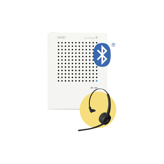 VoiceBridge Bluetooth two-way intercom system, 1 intercom unit, 1 headset, touch-free, mains powered.