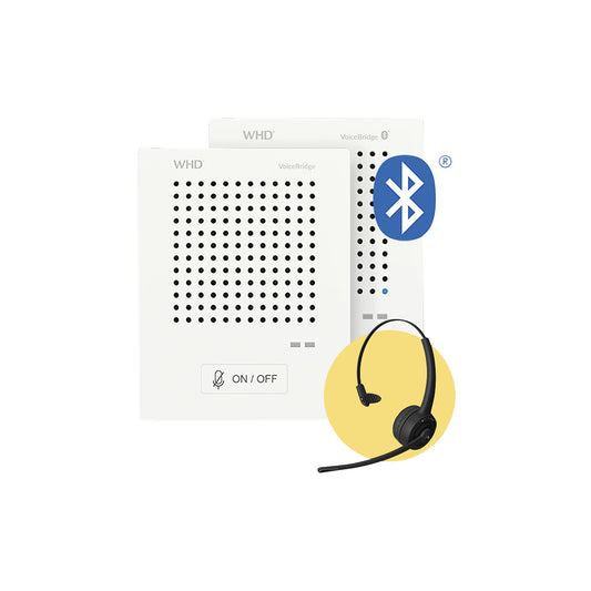 VoiceBridge standard/Bluetooth two-way intercom system, 2 intercom units, 1 headset, touch-free, mains powered.